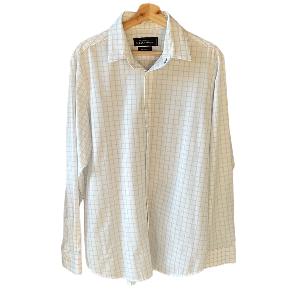 Mizzen+Main White Dress Shirt with Light Blue Windowpane